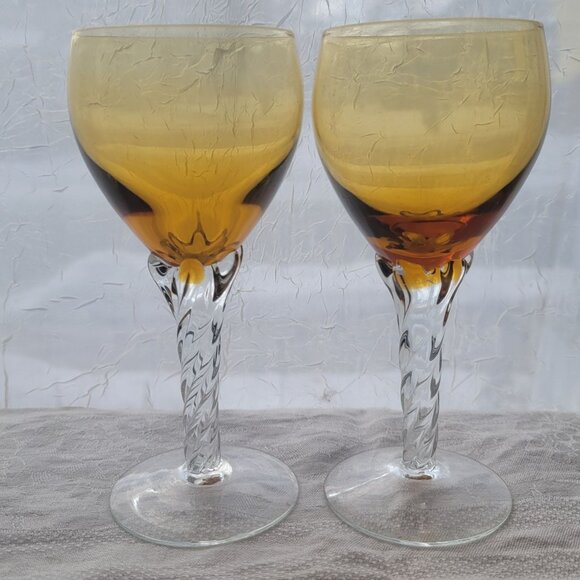Set Of 2 Amber & Clear Twisted Stem Wine Glasses - Picture 1 of 5